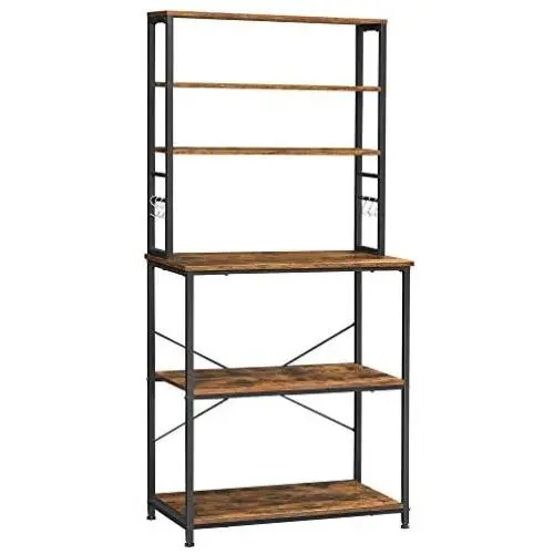 VASAGLE Bakers Rack, Microwave Oven Stand, 6-Tier Kitchen Utility Storage Shelf, 6 Hooks and Metal Frame, Industrial, 31.5 x 15.7 x 65.7 Inches, Rustic Brown and Black UKKS019B01