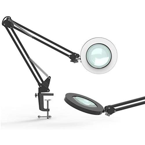 YOUKOYI LED Magnifying Lamp Metal Swing Arm Magnifier Lamp - Stepless Dimming, 3 Color Modes, 5X Magnification, 4.1'' Diameter Glass Lens, Adjustable Industrial Clamp for Reading/Office/Work (Black)