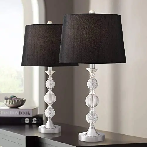 Gustavo Modern Table Lamps Set of 2 Silver Metal Stacked Crystal Balls Black Drum Shade for Living Room Family Bedroom - Regency Hill Gustavo Modern Table Lamps Set of 2 Silver Metal Stacked Crystal Balls Black Drum Shade for Living Room Family Bedroom - Regency Hill