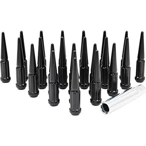 Wheel Accessories Parts Set of 32 Black Spiked Solid Metal Lug Nuts M14x2.0 Thread 4.4 Inch Tall Closed End Bulge Acorn Spike Lug Nut 1 Long Socket Key