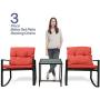 Pyramid Home Decor 3-Piece Rocking Bistro Set - Durable & Stylish Synthetic Wicker Outdoor Furniture - Glass Coffee Table with 2 Chairs for Balcony, Patio & Porch - Black Metal, Soft Red Cushions