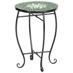 VINGLI Mosaic Accent Table, 14'' Round Side Table,End Table, Plant Stand Decor for Patio Porch Beach Theme Balcony Back Deck Pool Indoor Outdoor Coffee, Metal Cobalt Glass Top Black Iron(Green Garden)