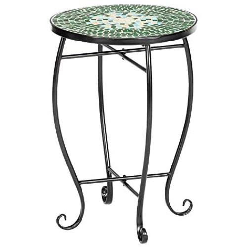 VINGLI Mosaic Accent Table, 14'' Round Side Table,End Table, Plant Stand Decor for Patio Porch Beach Theme Balcony Back Deck Pool Indoor Outdoor Coffee, Metal Cobalt Glass Top Black Iron(Green Garden)