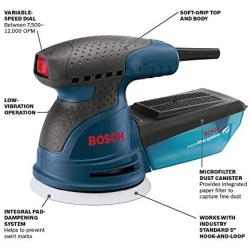 Bosch ROS20VSC Palm Sander - 2.5 Amp 5 in. Corded Variable Speed Random Orbital Sander/Polisher Kit with Dust Collector and Soft Carrying Bag, Blue