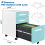 AUTSCA 3 Drawer Mobile Filing Cabinet Office Drawers Vertical File Cabinet with Lock, Legal/Letter/A4 Files, Fully Assembled Except Wheels, Blue