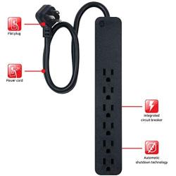 GE Pro 6 Outlet Surge Protector, 2 ft Extension Cord, Power Strip, Flat Plug, Wall Mount, Black, 45170