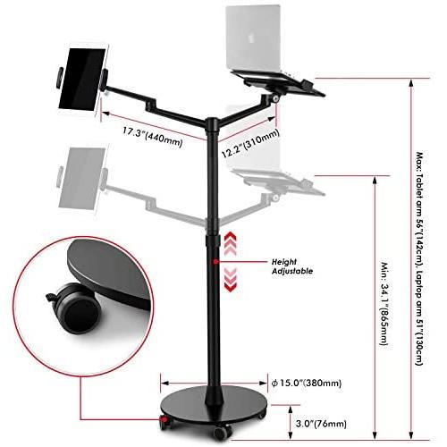 Magichold Height Adjustable Laptop Tablet Stand Mount with Double arms and Base Rolling Wheel for Laptop (11-17 inch) and Compatible with iPad Pro 12.9 inch / Tablet / Ereader