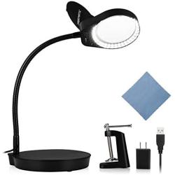 XpertMatic PD-4S Dimmable Magnifying Glass with 38 LED Lights, Anti-flip Stand and Clamp, 5 Diopter Hands Free Magnifying Lamp with Flexible Gooseneck for Crafts, Hobbies, Close Work, Reading - 2.25X