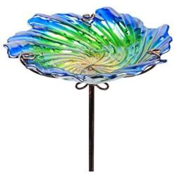 MUMTOP 26 Inch Height Glass Birdbath Birdfeeder with Metal Stake Garden Outdoor Green