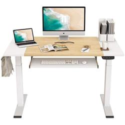 FEZIBO Dual Motor Height Adjustable Electric Standing Desk, 48 x 24 Inch Full Sit Stand Home Office Table with Splice Board, White Frame/White and Natural Top