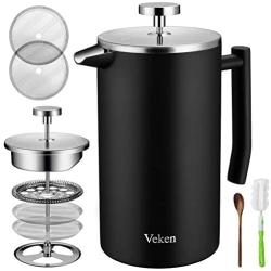 Veken French Press Double-Wall 18/10 Stainless Steel Coffee & Tea Maker, Multi-Screen System, 2 Extra Filters Included, Rust-Free, Dishwasher Safe, (1L), Black