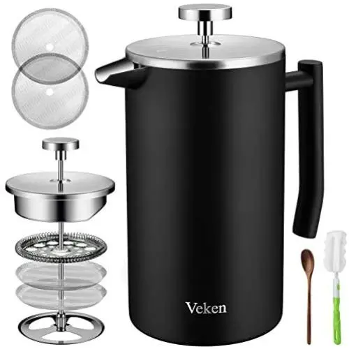Veken French Press Double-Wall 18/10 Stainless Steel Coffee & Tea Maker, Multi-Screen System, 2 Extra Filters Included, Rust-Free, Dishwasher Safe, (1L), Black Veken French Press Double-Wall 18/10 Stainless Steel Coffee & Tea Maker, Multi-Screen System, 2 Extra Filters Included, Rust-Free, Dishwasher Safe, (1L), Black