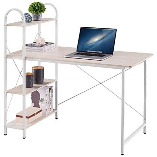 HOME BI Computer Desk with Storage Shelves 47 inch, Reversible Study Writing Table with Adjustable Bookshelf, Home Office Wood PC Work-Station, Modern Simple Style, Metal Frame, Easy Assemble, White