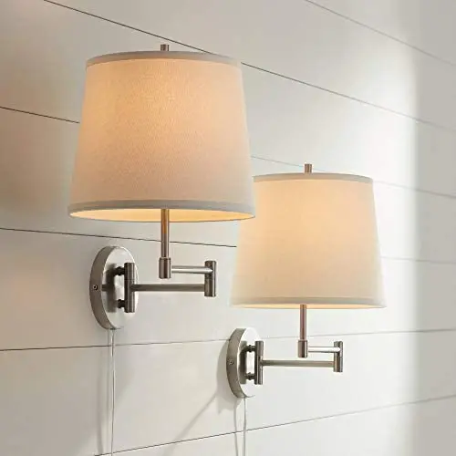 Oray Modern Swing Arm Wall Lamps Set of 2 Brushed Nickel Plug-in Light Fixture Off White Drum Shade for Bedroom Bedside Living Room Reading - 360 Lighting Oray Modern Swing Arm Wall Lamps Set of 2 Brushed Nickel Plug-in Light Fixture Off White Drum Shade for Bedroom Bedside Living Room Reading - 360 Lighting