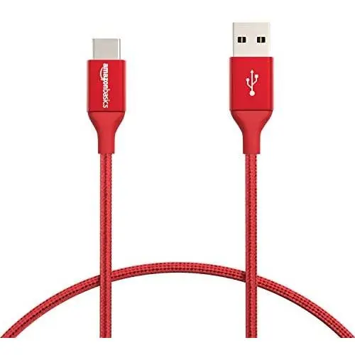 Amazon Basics Double Braided Nylon USB-C to USB-A 2.0 Fast Charging Cable, 3A - 1-Foot, Red Amazon Basics Double Braided Nylon USB-C to USB-A 2.0 Fast Charging Cable, 3A - 1-Foot, Red