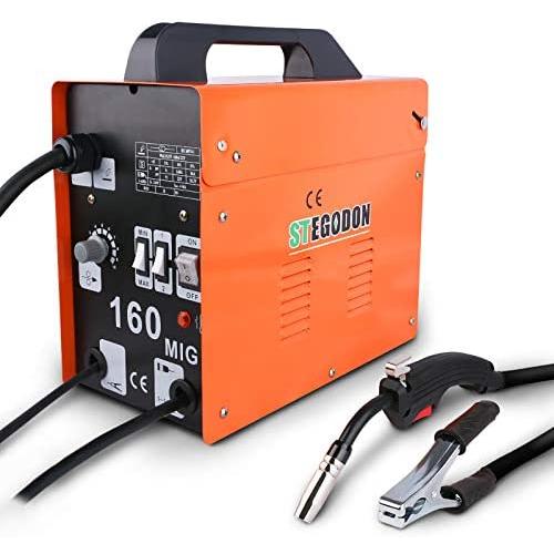 STEGODON MIG 160 Welder Portable Flux Core Wire Automatic Feed 160 Welder Machine Welding w/Free Mask ARC 110V with Electrode Holder,Work Clamp, Input Power Adapter Cable and Brush(Orange)