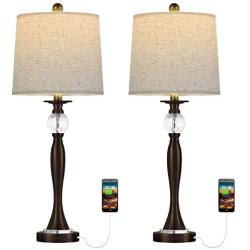BOBOMOMO USB Metal Crystal Table Lamp 28 Set of 2 Modern Living Room Bedroom Nightstand Desk Lamp(Brown)