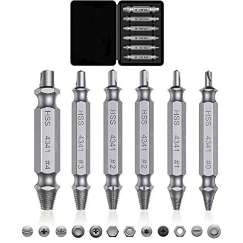 Damaged&Stripped Screw Extractor Remover Tool and Drill Bit Set. Broken Bolt Extractor and Screw Remover Set of 6 Pcs