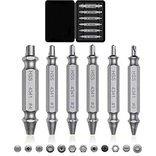 Damaged&Stripped Screw Extractor Remover Tool and Drill Bit Set. Broken Bolt Extractor and Screw Remover Set of 6 Pcs