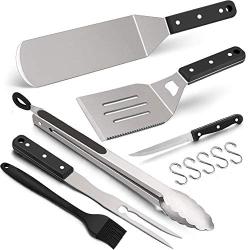 Leonyo Griddle Accessories Set of 6, Heavy Duty Stainless Steel Metal Spatula - Grilling Teppanyaki Spatula for Flat Top BBQ Cooking, Riveted Handle, Dishwasher Safe, Hanging Hooks Attached