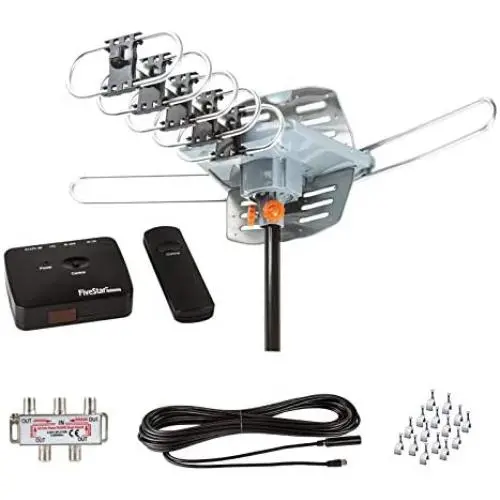 FiveStar Outdoor HDTV Antenna 2019 Newest Model Up to 150 Miles Long Range with Motorized 360 Degree Rotation, UHF/VHF/FM Radio with Infrared Remote Control Advanced Design Plus Installation Kit FiveStar Outdoor HDTV Antenna 2019 Newest Model Up to 150 Miles Long Range with Motorized 360 Degree Rotation, UHF/VHF/FM Radio with Infrared Remote Control Advanced Design Plus Installation Kit