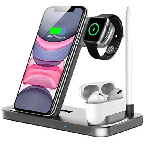 QI-EU Wireless Charger, 4 in 1 Qi-Certified Fast Charging Station Compatible Apple Watch Airpods Pro iPhone 12/11/11pro/X/XS/XR/Xs Max/8/8 Plus, Wireless Charging Stand Compatible Samsung Galaxy S20