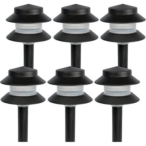 Paradise Garden Lighting GL22627 Outdoor Landscaping Path Light, Black Plastic 2-Tier Post Light, Ribbed Plastic Lens, Low Voltage 4W Incandescent T5 Wedge Bulb, 20 Lumens, 5.2''x5.2''x8.66''