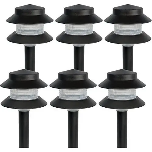 Paradise Garden Lighting GL22627 Outdoor Landscaping Path Light, Black Plastic 2-Tier Post Light, Ribbed Plastic Lens, Low Voltage 4W Incandescent T5 Wedge Bulb, 20 Lumens, 5.2''x5.2''x8.66''