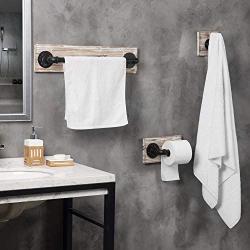 MyGift 3-Piece Torched Wood & Black Metal Pipe Wall Mounted Towel Bar, Toilet Paper Holder, and Robe Hook Bathroom Accessory Set