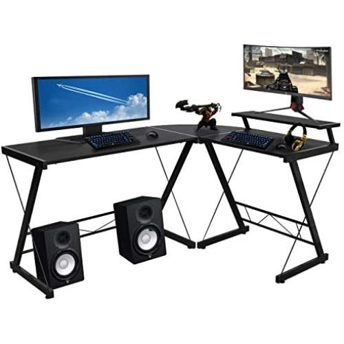 Halter L-Shaped Desk 59'' Computer Corner Desk Home Gaming, Office Desk Study Writing Modern Table, Black Desk with Black Metal Frame, Space Saver Easy to Assemble Halter L-Shaped Desk 59'' Computer Corner Desk Home Gaming, Office Desk Study Writing Modern Table, Black Desk with Black Metal Frame, Space Saver Easy to Assemble