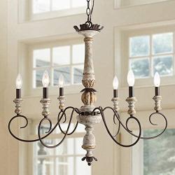 LALUZ 6 Lights French Country Shabby Chic Chandelier with Cloud Arms in Distressed Wood and Rusty Metal Finish, 31.1'' Large Living Room Pendant Light Fixture