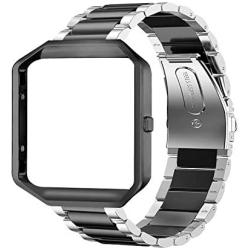 Oitom Metal Bands Compatible with Fitbit Blaze Large,Frame Housing+Stainless Steel Bracelet Replacement Accessory Strap Watch Band for Smart Fitness Watch(Black Frame+Silver/Black Band)