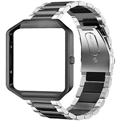 Oitom Metal Bands Compatible with Fitbit Blaze Large,Frame Housing+Stainless Steel Bracelet Replacement Accessory Strap Watch Band for Smart Fitness Watch(Black Frame+Silver/Black Band)
