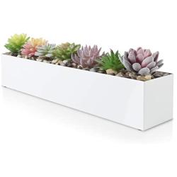 Modern White Rectangle Planter Box | 16'' Metal Planter Perfect as a Succulent Planter | Narrow Planter Box for Table or Window Sill Planters Indoor | Rectangular Stainless Steel Long Planter