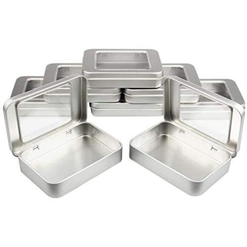 Goodma 8 Pieces Small Rectangular Metal Empty Hinged Tins Home Storage Containers Organizer Mini Box with Clear Window Lid, 3.94 x 2.76 x 0.79 inch (Silver)