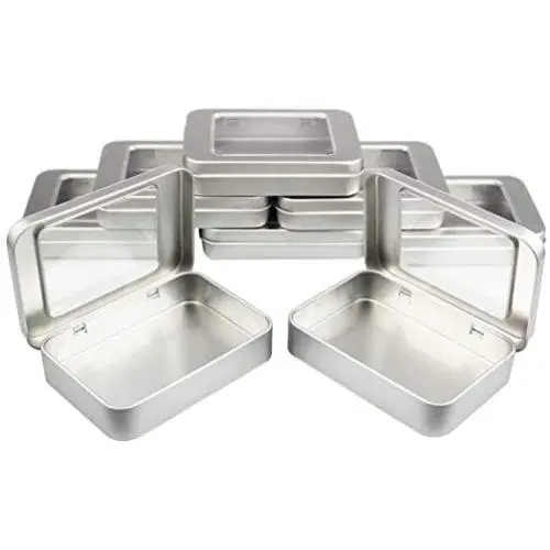 Goodma 8 Pieces Small Rectangular Metal Empty Hinged Tins Home Storage Containers Organizer Mini Box with Clear Window Lid, 3.94 x 2.76 x 0.79 inch (Silver) Goodma 8 Pieces Small Rectangular Metal Empty Hinged Tins Home Storage Containers Organizer Mini Box with Clear Window Lid, 3.94 x 2.76 x 0.79 inch (Silver)