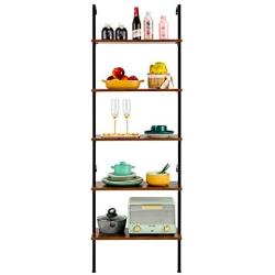 MELLCOM 5 Tier Industrial Ladder Shelf, Wood Modern Bookshelf with Metal Frame,Wall-Mounted Bookcase Plant Flower Storage Stand Organizer for Living Room, Bathroom, Kitchen,Balcony