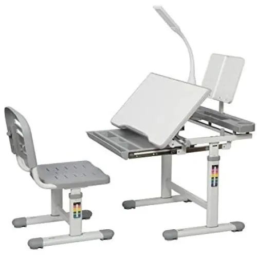 Diroan Kids Functional Desk and Chair Set, Height Adjustable Children School Study Desk with Tilt Desktop, Bookstand, LED Light, Metal Hook and Storage Drawer for Boys Girls (Gray) Diroan Kids Functional Desk and Chair Set, Height Adjustable Children School Study Desk with Tilt Desktop, Bookstand, LED Light, Metal Hook and Storage Drawer for Boys Girls (Gray)