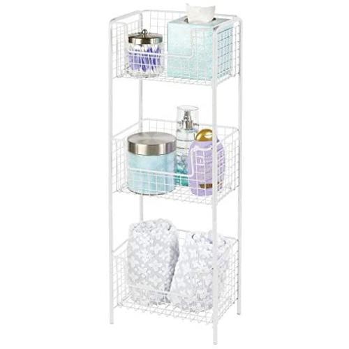 mDesign 3 Tier Vertical Standing Bathroom Shelving Unit, Decorative Metal Storage Organizer Tower Rack Center with 3 Basket Bins to Hold and Organize Bath Towels, Hand Soap, Toiletries - White