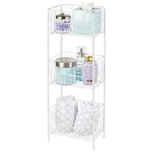 mDesign 3 Tier Vertical Standing Bathroom Shelving Unit, Decorative Metal Storage Organizer Tower Rack Center with 3 Basket Bins to Hold and Organize Bath Towels, Hand Soap, Toiletries - White mDesign 3 Tier Vertical Standing Bathroom Shelving Unit, Decorative Metal Storage Organizer Tower Rack Center with 3 Basket Bins to Hold and Organize Bath Towels, Hand Soap, Toiletries - White