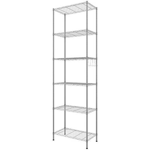 BATHWA 6-Tier Metal Wire Rack, Free Standing Shelving Unit, Adjustable Heavy Duty Storage Shelves for Kitchen Organization, with Leveling Feet and Stainless Side Hooks, Silver