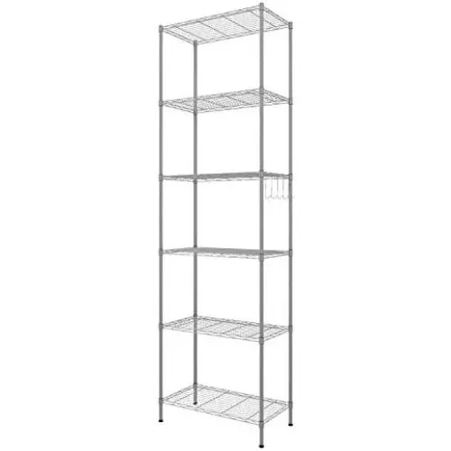 BATHWA 6-Tier Metal Wire Rack, Free Standing Shelving Unit, Adjustable Heavy Duty Storage Shelves for Kitchen Organization, with Leveling Feet and Stainless Side Hooks, Silver BATHWA 6-Tier Metal Wire Rack, Free Standing Shelving Unit, Adjustable Heavy Duty Storage Shelves for Kitchen Organization, with Leveling Feet and Stainless Side Hooks, Silver