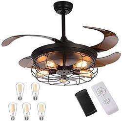 Industrial Retractable Ceiling Fans with Lights - [Update] with 5 LED Bulbs 4 Mode Timing with Remote Controller 42inch Vintage Ceiling Fans with 2 Down Rods