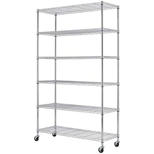 82L x48W x18H 6 Shelf Wire Shelving Unit NSF Garage Storage Shelves Large Heavy Duty Metal Shelf Organizer Height Adjustable Commercial Grade Steel Rack 2100 LBS Capacity with Wheels Chrome