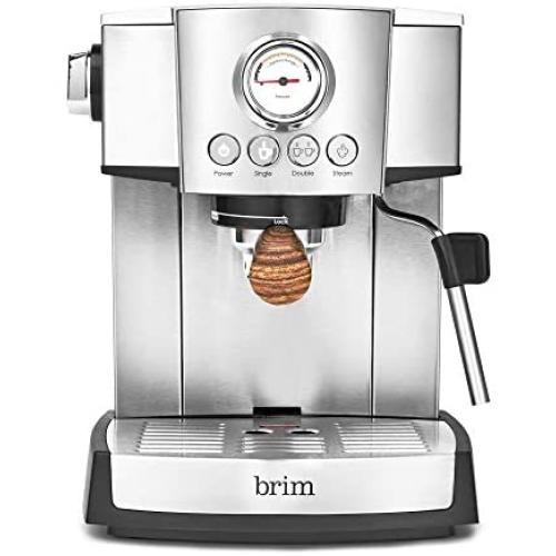 Brim 15 Bar Espresso Machine, Fast Heating Cappuccino, Americano, Latte and Espresso Maker, Milk Steamer and Frother, Removable Parts for Easy Cleaning, Stainless Steel/Wood Accents