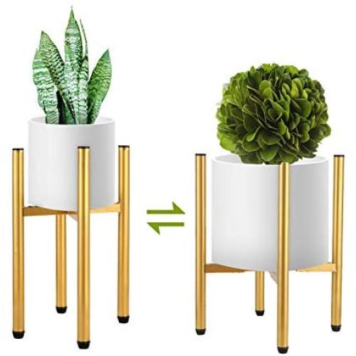 2 Pack Metal Plant Stand Indoor with Adjustable Width Fits 8 to 12 Inch Pots,Mid-Century Flower Holder for Corner Display-Gold(Planter and Pot Not Included)