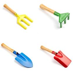 4-Piece Set 8'' Kids Gardening Tools, Made of Metal with Sturdy Wooden Handle, Safe Toy Gardening Equipment Fork, Trowel, Rake & Shovel for Children Beach Sandbox Toy