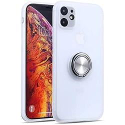 iPhone 11 Embedded 360 Metal Ring holder Case, OiOMGin Lens Hole Protection Case, Hard Semilucent Translucent Matte Skin Back with Soft Side iPhone 11 6.1inch[Built-in Ring+Lens Hole Protection]-White