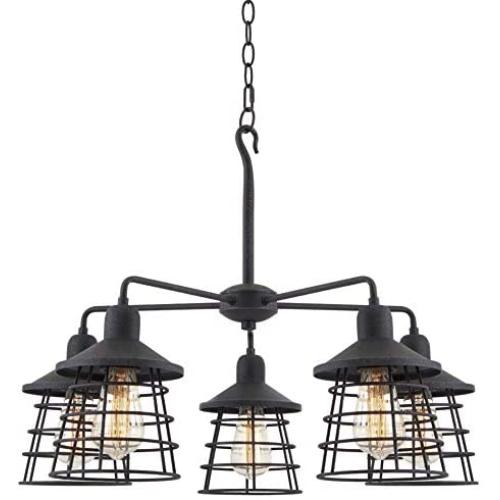 Kira Home Rowan 26'' 5-Light Rustic Farmhouse Chandelier + Metal Cage Shades, Textured Black Finish