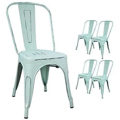 Devoko Metal Indoor-Outdoor Chairs Distressed Style Kitchen Dining Chairs Stackable Side Chairs with Back Set of 4 (Blue) Devoko Metal Indoor-Outdoor Chairs Distressed Style Kitchen Dining Chairs Stackable Side Chairs with Back Set of 4 (Blue)